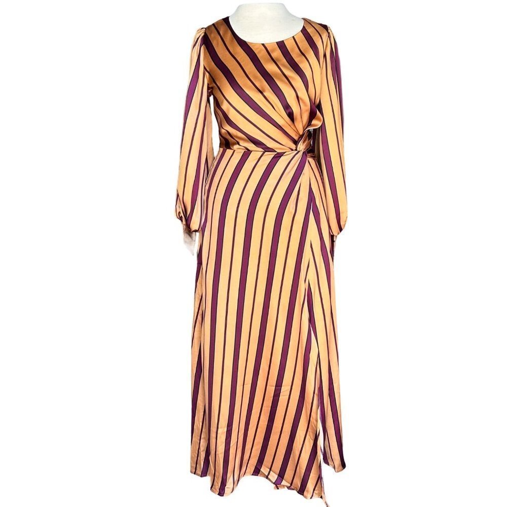 Skies are Blue Womens Maxi DressXS Camel Burgundy Stripe Puff Sleeve Side Slit - Picture 2 of 10